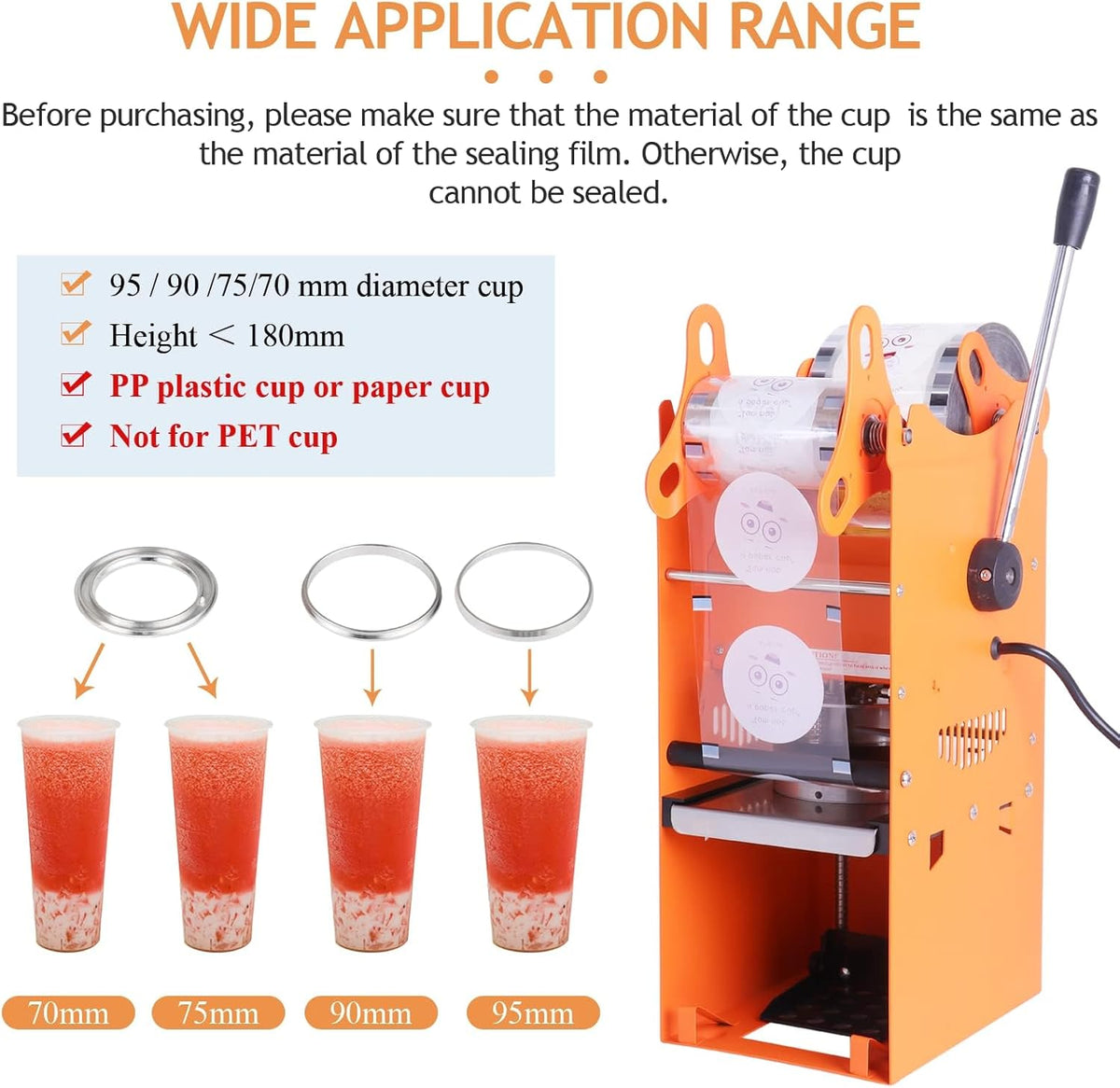 YJINGRUI Bekerzegelmachine, commerciële handmatige Bubble Tea Cup Sealer voor 90/95/70/75 mm diameter kopjes 300-500 kopjes/uur (sealing machine)