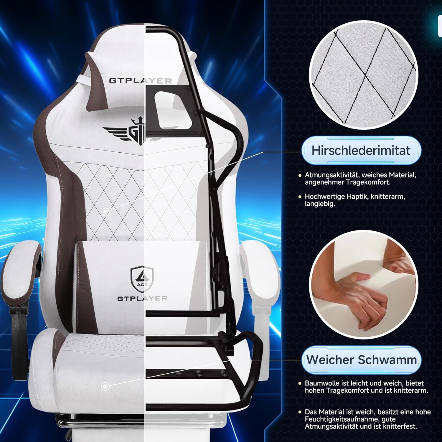 GTPLAYER Ergonomic Gaming Chair, Technical Fabric, with Lumbar Support, Computer Chair with Extended Backrest, Supports up to 150 kg, Brown - QUORE