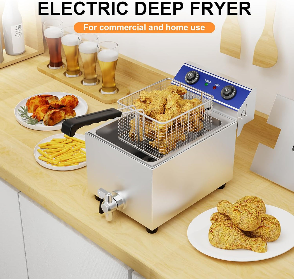 TAIMIKO Elektrische Friteuse, roestvrij staal, thermostaat 60 – 200 °C, frituermand en deksel, afneembaar bak (6L, met timer)