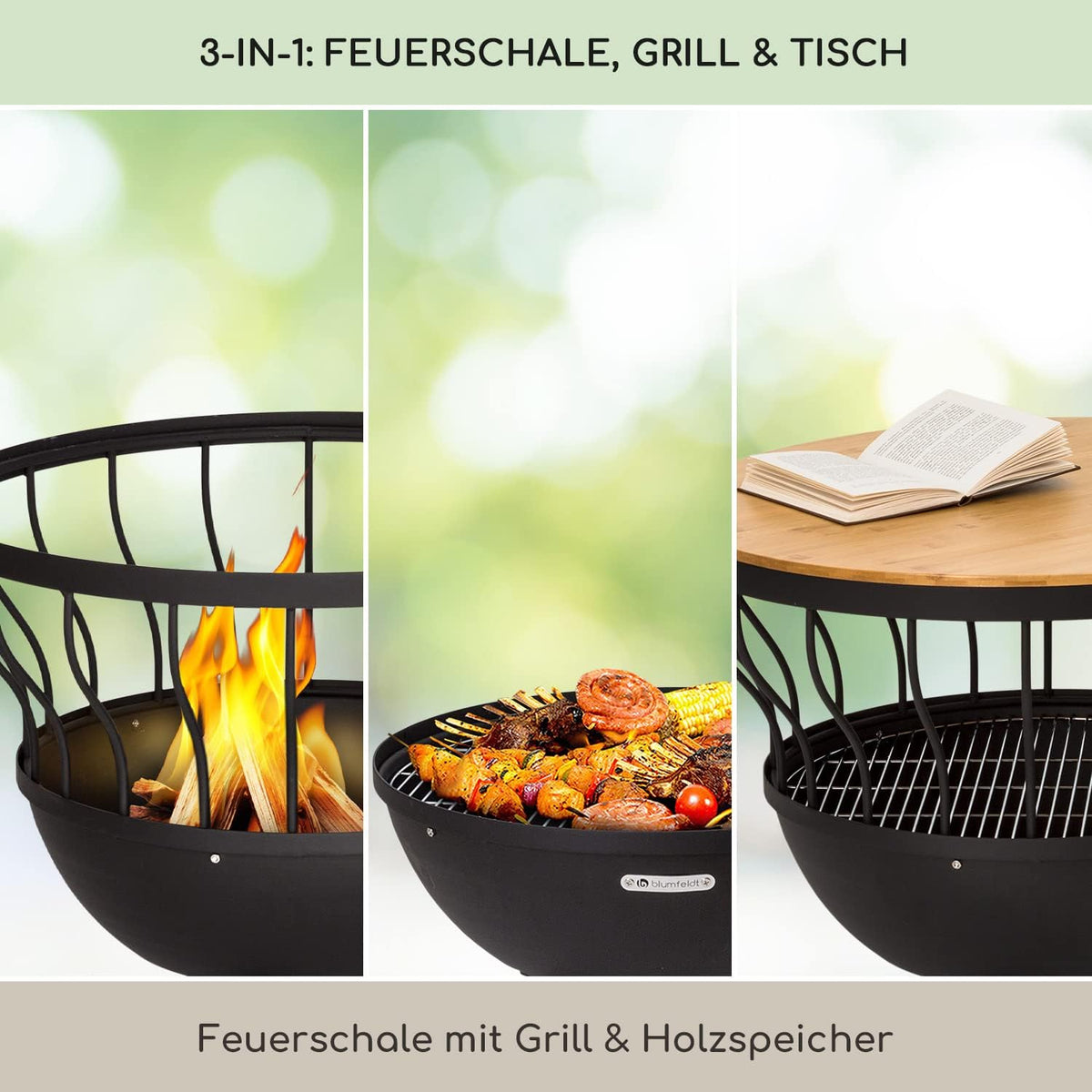 blumfeldt Vuurplaats voor tuin, draagbare vuurplaats met barbecue, outdoor reizen, circulaire vuurschaal, grillrooster met bamboe deksel en stalen kom, barbecuetafelset voor camping en terras,