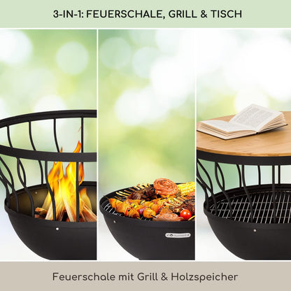 blumfeldt Vuurplaats voor tuin, draagbare vuurplaats met barbecue, outdoor reizen, circulaire vuurschaal, grillrooster met bamboe deksel en stalen kom, barbecuetafelset voor camping en terras,