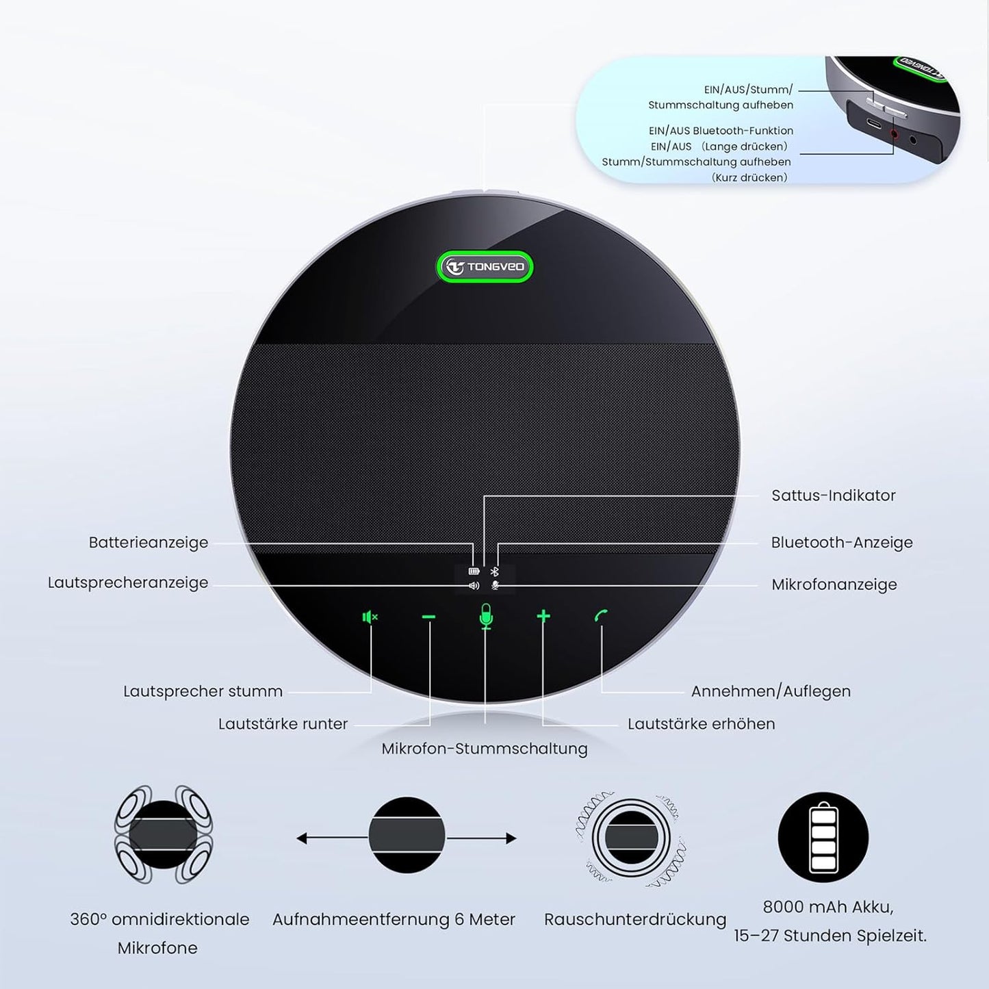 TONGVEO All-in-1 conferentiekamercamera en bluetooth-microfooncombinatie, 1080p 60 fps, 3 x optische zoom, USB 3.0 HDMI, PTZ-camera en handsfree-installatie voor conferenties met microfoons