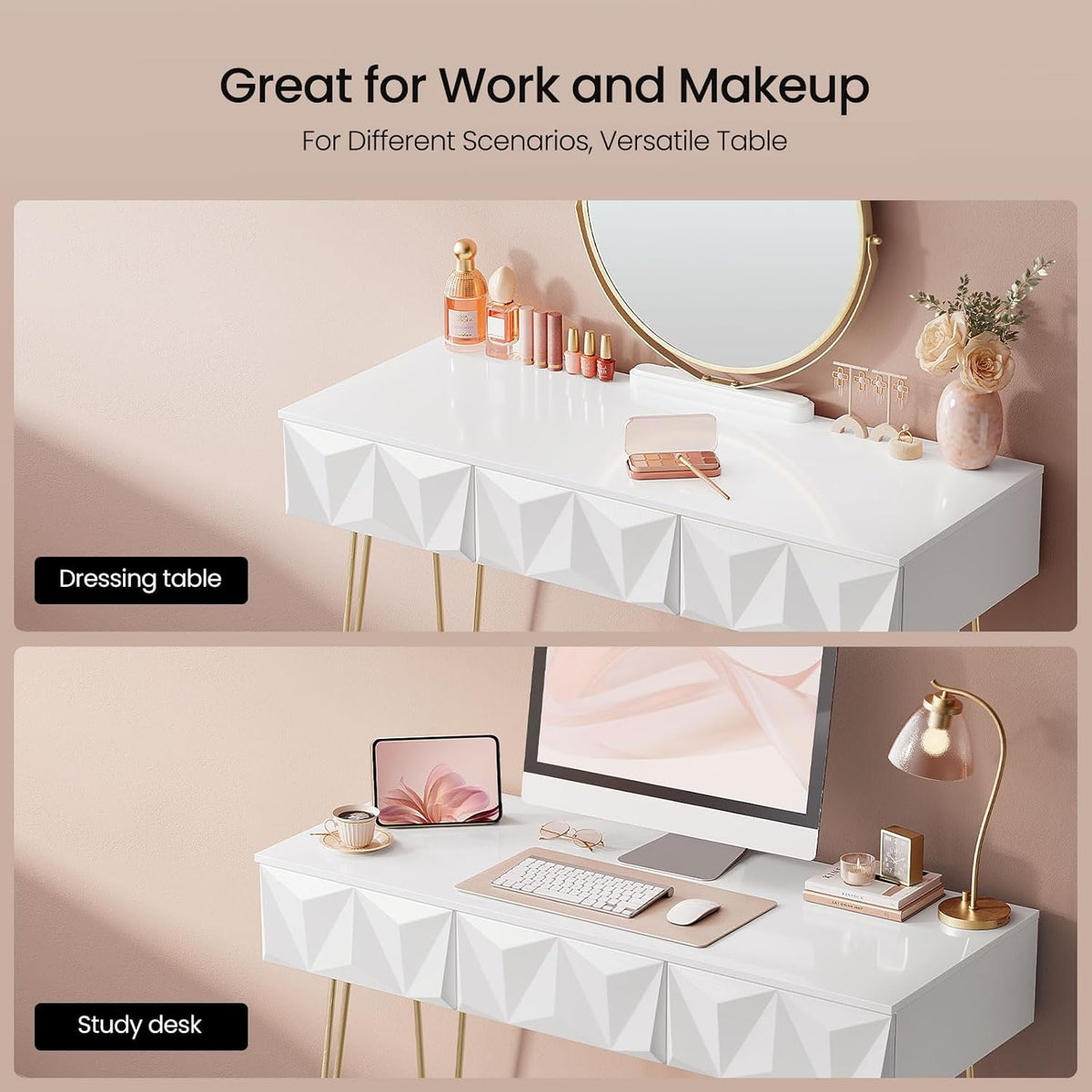 Eugad Dressing Table with Stool and Mirror, 360° Rotatable, Makeup Mirror, Dressing Table with 3 Drawers, Padded Velvet Stool, 3D Effect Drawer, White and Gold - QUORE