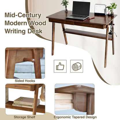 Massief Houten Bureau, Mid-Century Modern Design, Met 2 Lades en Onderplank, Ideaal voor Thuiskantoor (Okkernoot, 100 * 60)