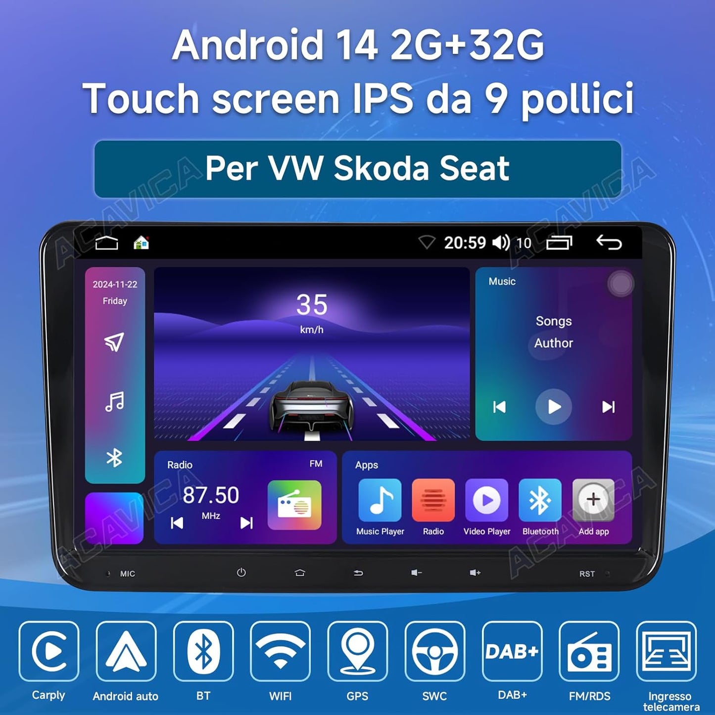 Android 14 Autoradio – Navigatiesysteem – Car Stereo – Touchscreen Radio – Bluetooth Radio – 9 Inch Scherm – Draadloze CarPlay & Wifi