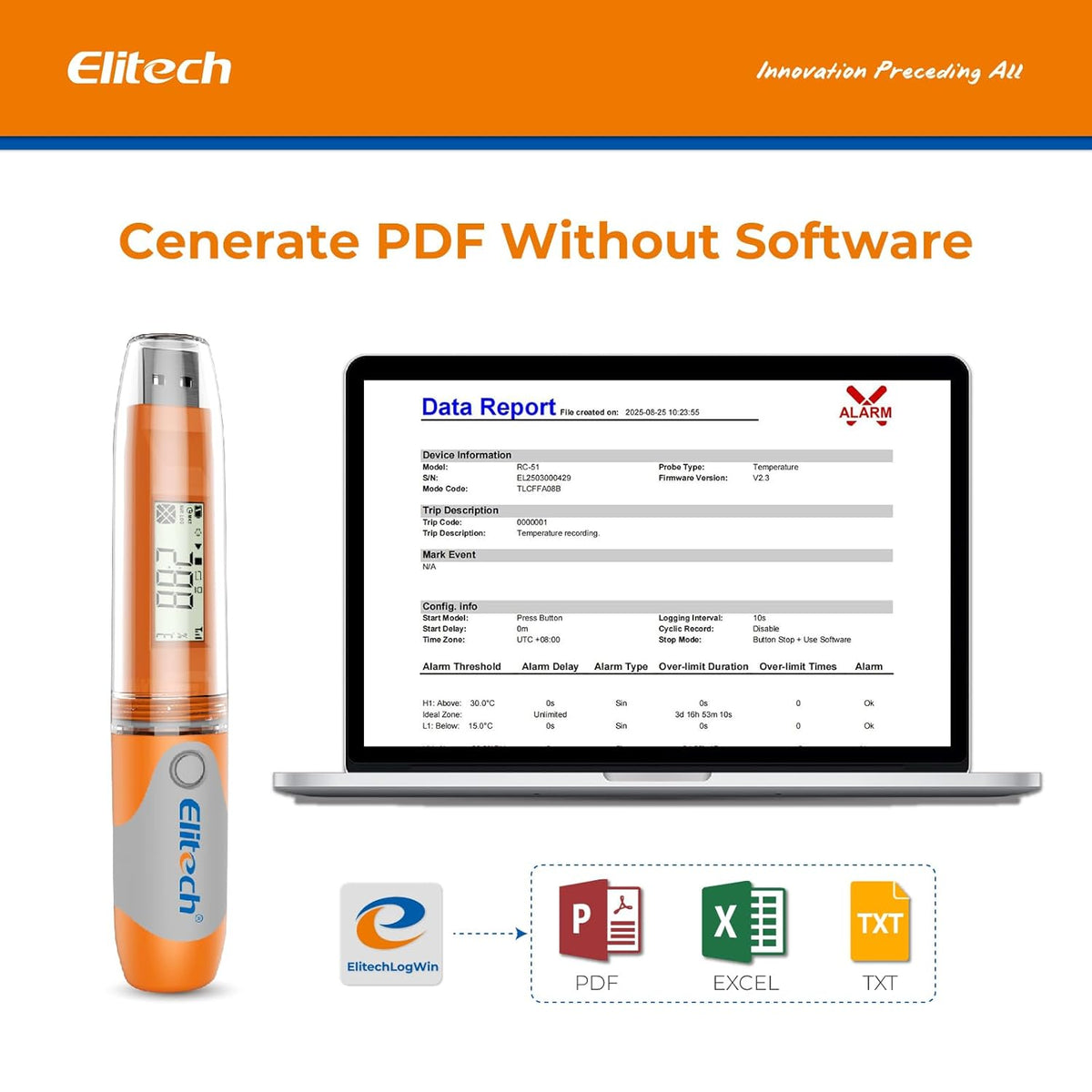 Elitech RC-51 PDF temperatuur USB datalogger recorder testpunten stiftstijl 32000 opnamepunten (10 stuks)