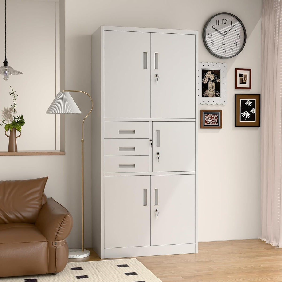 Filing cabinet, metal cabinet with three drawers, magazine cabinets, sheet steel powder coating, steel cabinet for tools, office, 180 x 80 x 40 cm (white - QUORE