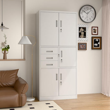 Filing cabinet, metal cabinet with three drawers, magazine cabinets, sheet steel powder coating, steel cabinet for tools, office, 180 x 80 x 40 cm (white - QUORE