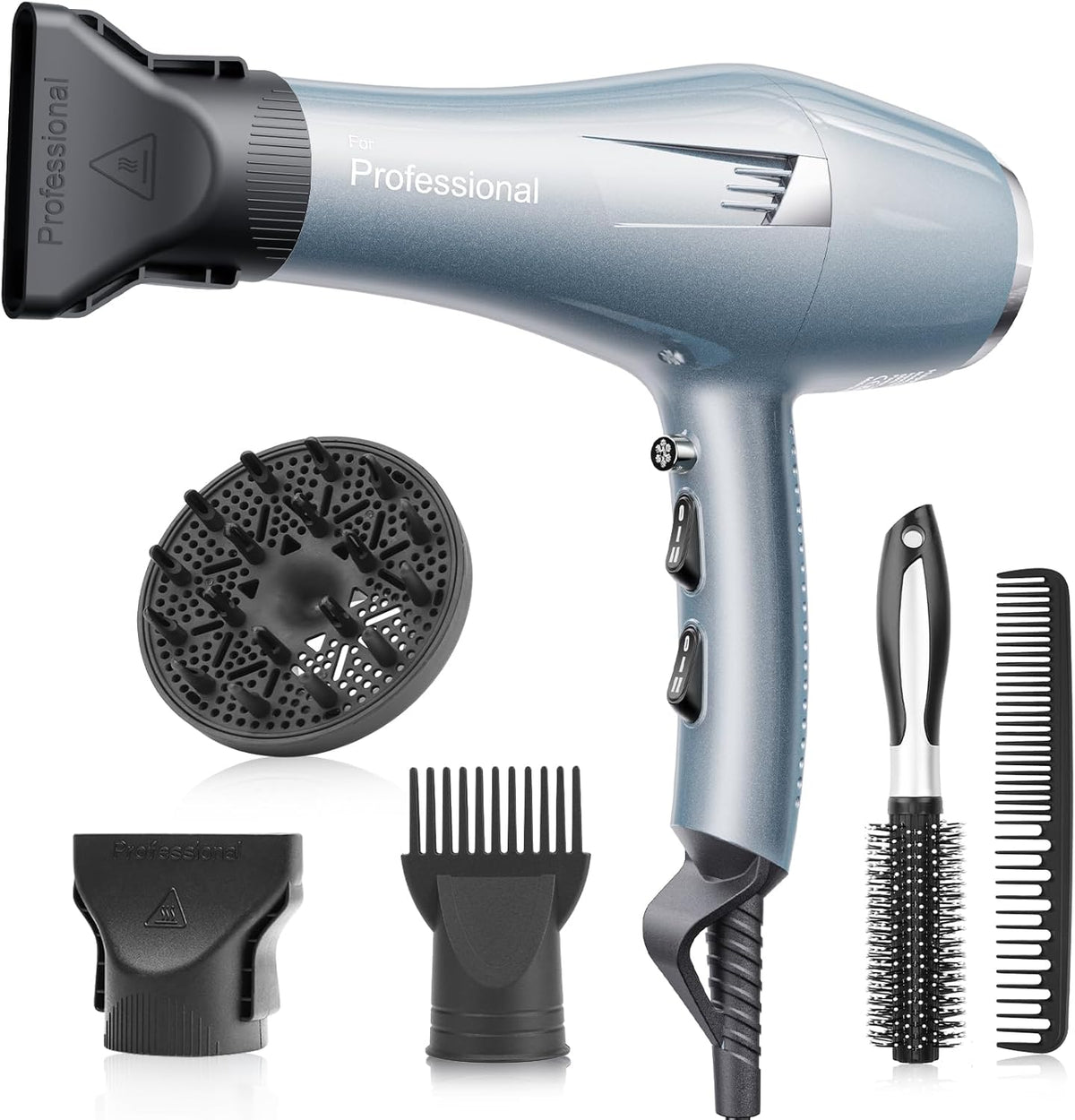 Professionele föhn, ionen-föhn, haardroger met 1 diffuser, 2 stylingmondstukken, 3 warmtestanden en 2 snelheden, 2,5 meter lang netsnoer, sterke föhn voor het gezin (blauw)