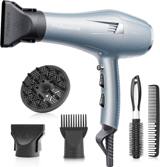 Professionele föhn, ionen-föhn, haardroger met 1 diffuser, 2 stylingmondstukken, 3 warmtestanden en 2 snelheden, 2,5 meter lang netsnoer, sterke föhn voor het gezin (blauw)