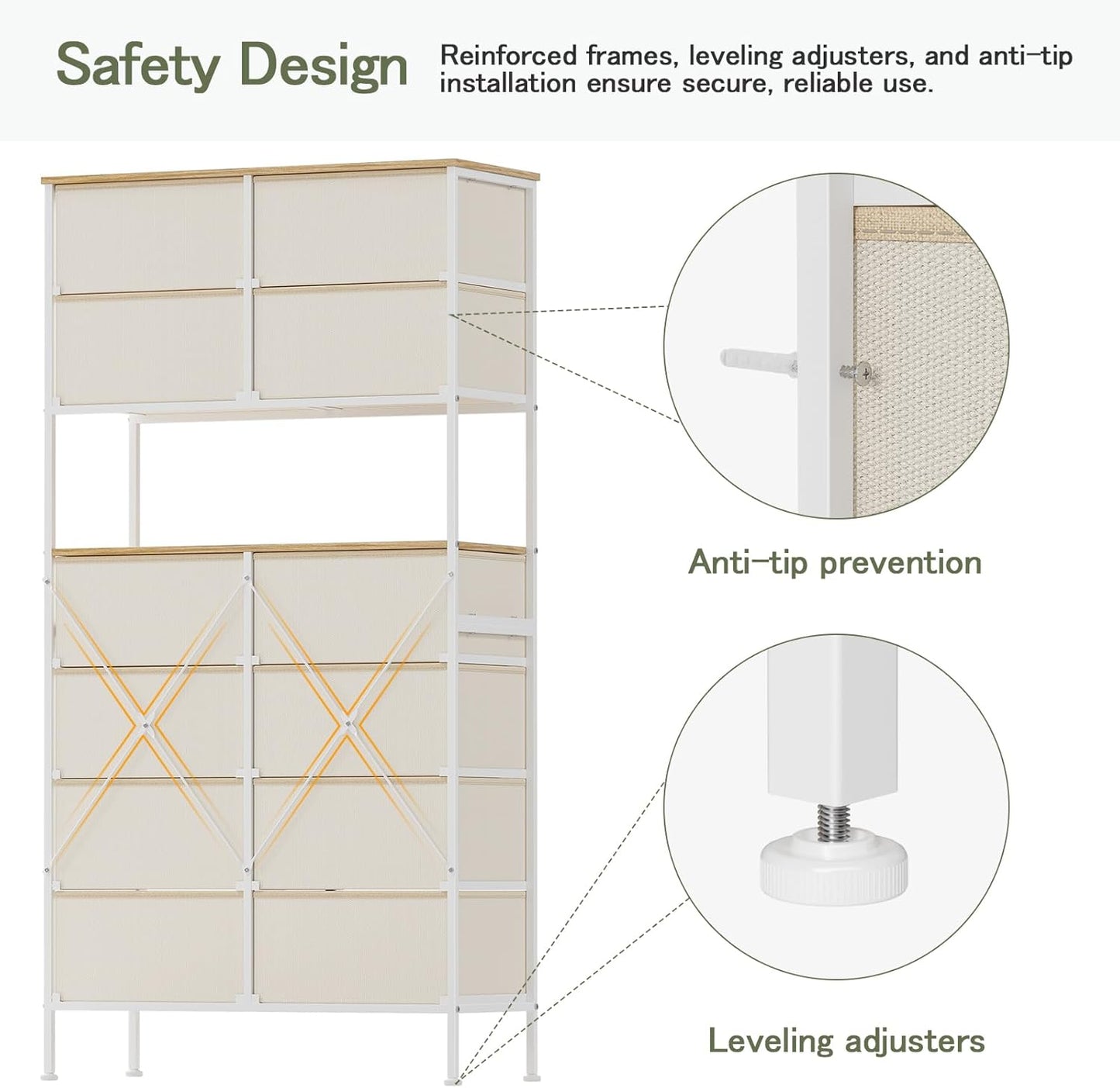 Ladekast – Kast – Opbergkast – Dressoir – Ladenkast – Beige – 12 Ruime Lades – Stevig Metalen Frame