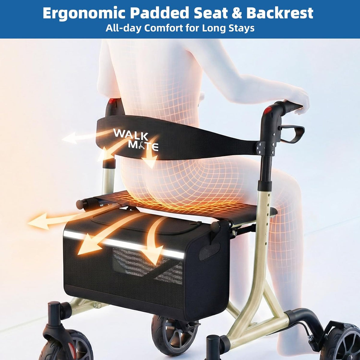WALK MATE Rollator Lichtgewicht opvouwbare met zitting - Aluminium rollator smal voor woning, hoogteverstelbaar met duwknop, bekerhouder, loophulp voor ouderen (6,7 kg) (Goud)