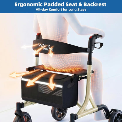 WALK MATE Rollator Lichtgewicht opvouwbare met zitting - Aluminium rollator smal voor woning, hoogteverstelbaar met duwknop, bekerhouder, loophulp voor ouderen (6,7 kg) (Goud)