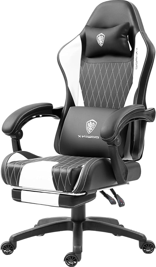 Dowinx Gaming Chair with Pocket Spring Cushion, Massage Chair, Leather with Headrest, Ergonomic Computer Chair with Footrest, 136 kg, White - QUORE
