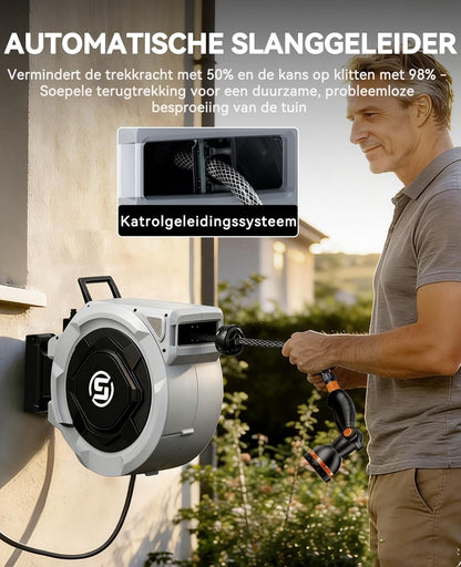 SUNPOW Slanghaspel 20m x 16mm met 10 Standen Sproeikop - Automatisch Langzaam Oprollen, op Elke Lengte te Vergrendelen, 180° Draaibare Koppelingen voor Gazon en Tuin