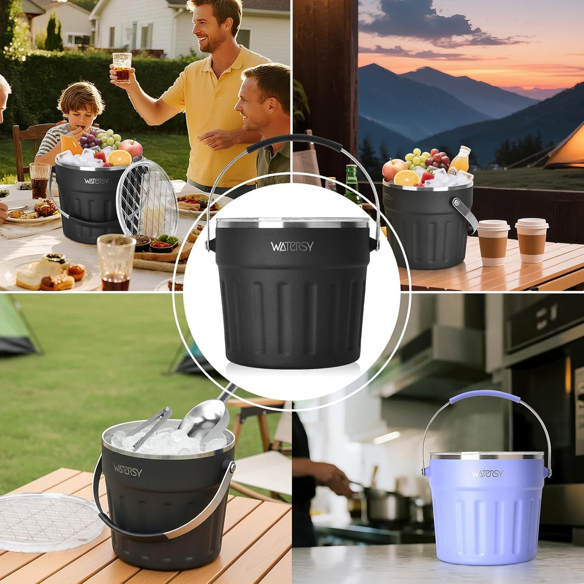 WATERSY Roestvrijstalen Ijsemmer 7,6L - met Deksel, Handvat, Ijstang en Schep - Dubbelwandig Geïsoleerd, Langdurige Koeling - voor Cocktail, Whisky, Wijn, Bier - voor Thuisbar, Feestjes en BBQ (Zwart)