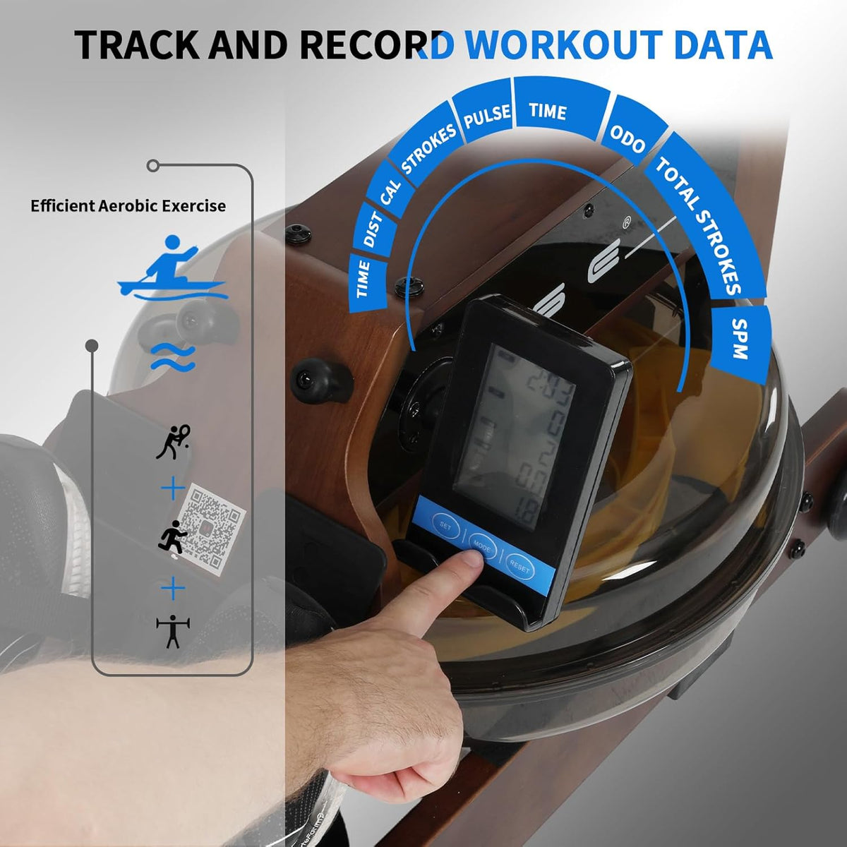 ISE SY-2023 Wood Rowing Machine for Home with LED Display App Compatible with Water Resistance Rowing Machine with Electric Water Pump - QUORE