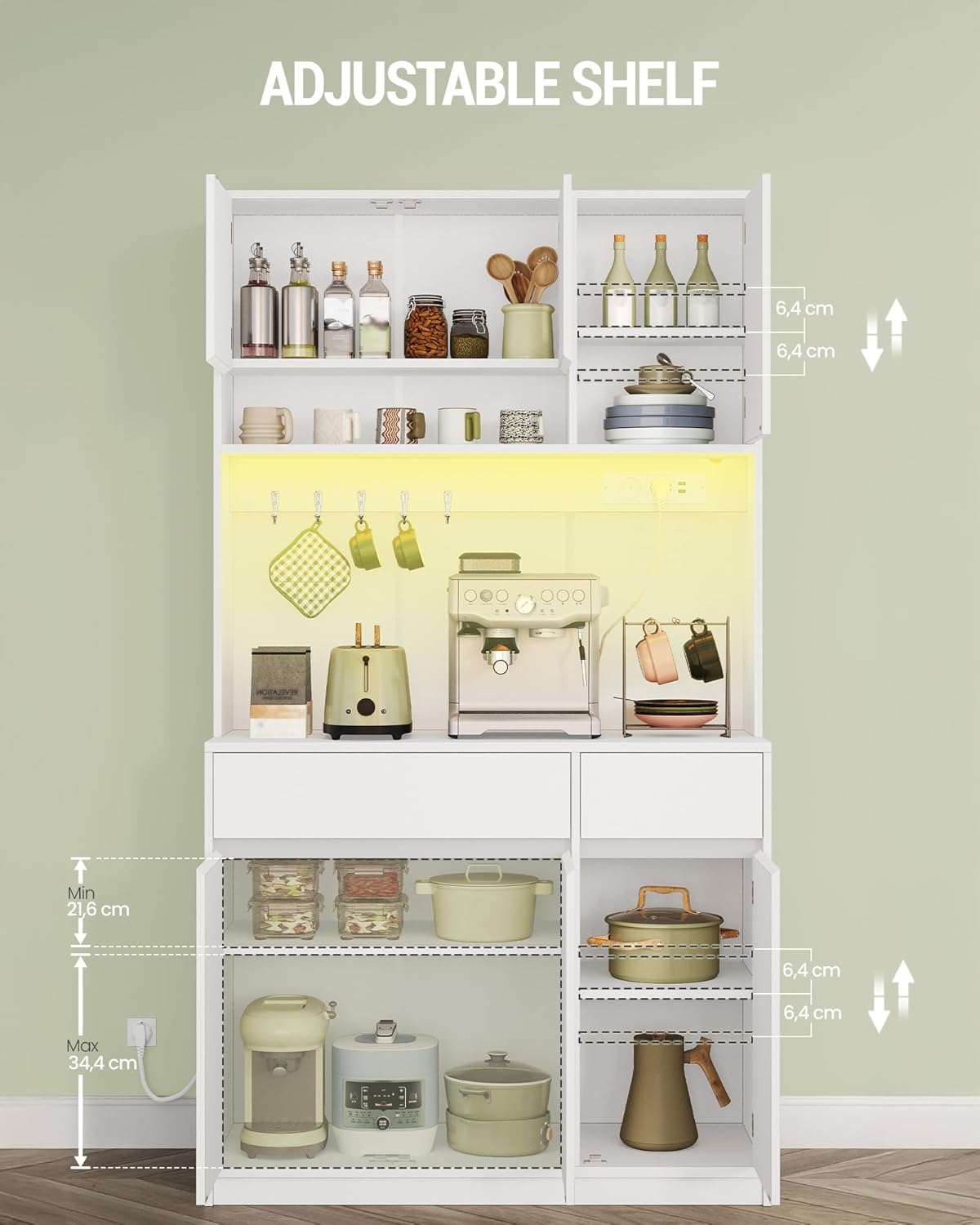 Hzuaneri Kitchen Cabinet, Buffet Cabinet, Tall Cabinet with Sockets and LED Light Strips, with Worktops and Two Drawers, Adjustable Shelves, Kitchen, 40 x 100 x 180 cm, White, PT00203XEU
