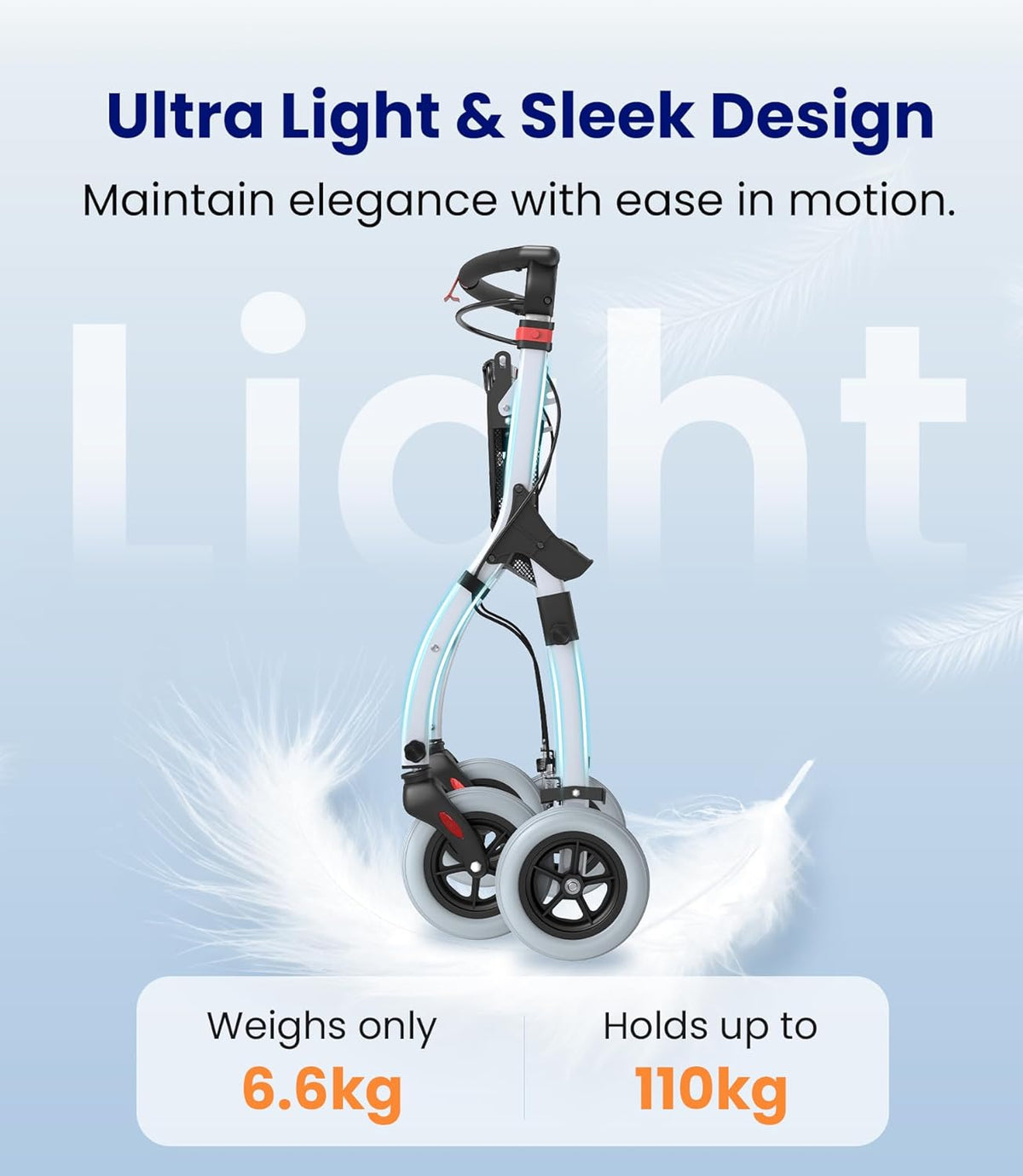 VOCIC Z32 Rollator Slim voor thuis, binnenrollator Opvouwbaar en lichtgewicht, stabiele rollator voor thuis antislipbanden, rollators voor senioren Opvouwbare lade, wit | 5 jaar garantie