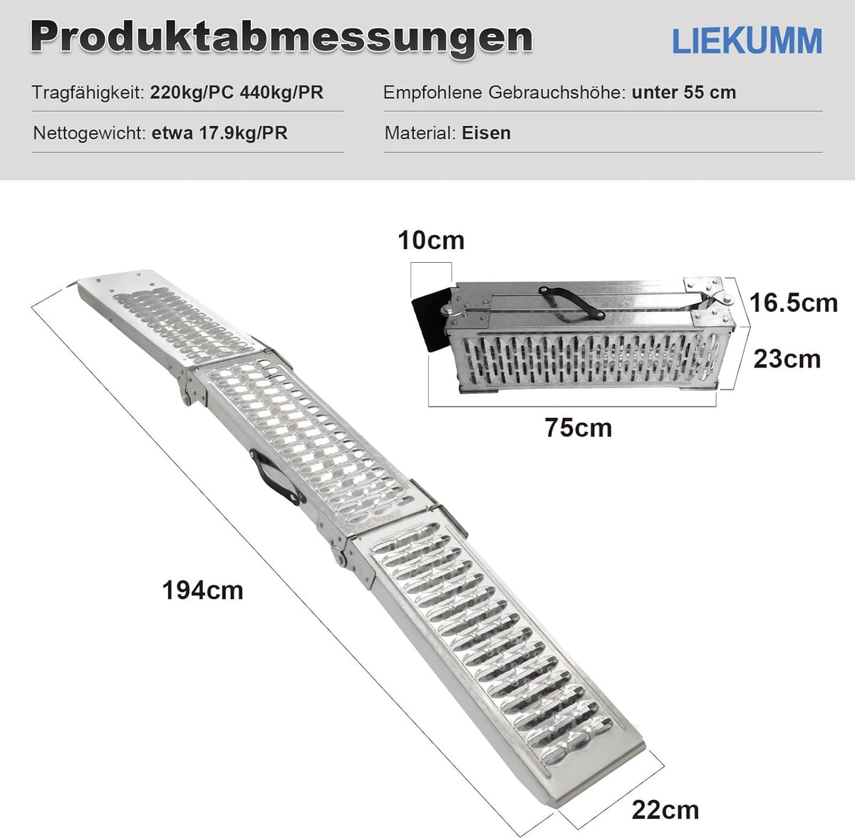 Liekkum Opvouwbare oprijplaat, 440 kg draagkracht, motorfiets, oprijplaat, 194 cm, staal, inklapbare oprijplaat voor aanhangers, grasmaaiers, auto-laadhelling, 2 stuks