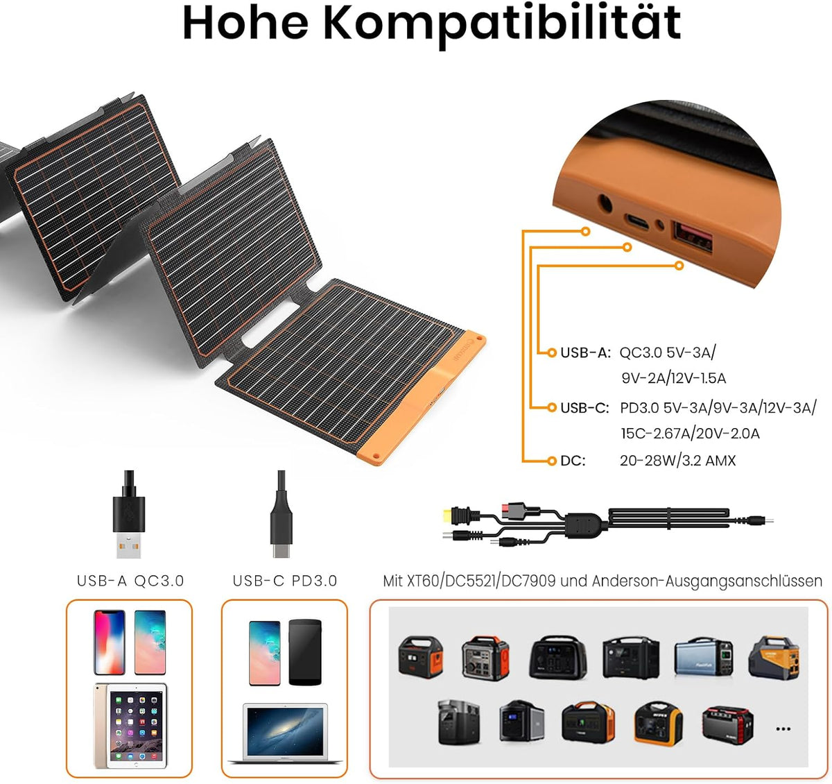 FlexSolar Zonnepaneel, 2 stuks, 60 W, draagbare opvouwbare zonne-oplader, IP67 waterdicht, noodstroomcamping, geschikt voor kleine generatoren, telefoons, mobiele energiebanken