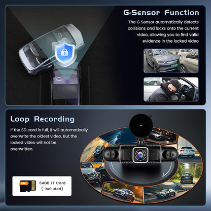 Hikity 4-kanaals dashcam, wifi dashcam 2K voor en 1080p achter binnen links rechts met 3 inch scherm, autocamera met 64 GB kaart wifi, G-sensor, loop-opname, nachtzicht, parkeerbewaking, 360°