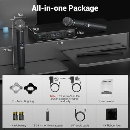 Draadloos Microfoonsysteem – Draadloze Microfoonset – Karaoke Microfoonset – Handmicrofoonset – UHF Microfoonset – 2 Handmicrofoons – Automatische Kanaalscan – Bereik Tot 100 Meter