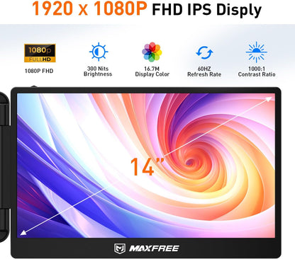 Maxfree Draagbare Monitor 14 duim, Laptop het Schermuitbreiding, FHD 1080P, Dubbele Monitor
