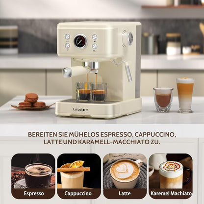 Empstorm Espresso Filtermachine met melkopschuimer, 20 bar, espressomachine met zeefhouder, 2-in-1 Expresso machine voor poeder en capsules, 1,5 l waterreservoir, zeefhouder, koffiezetapparaat, wit