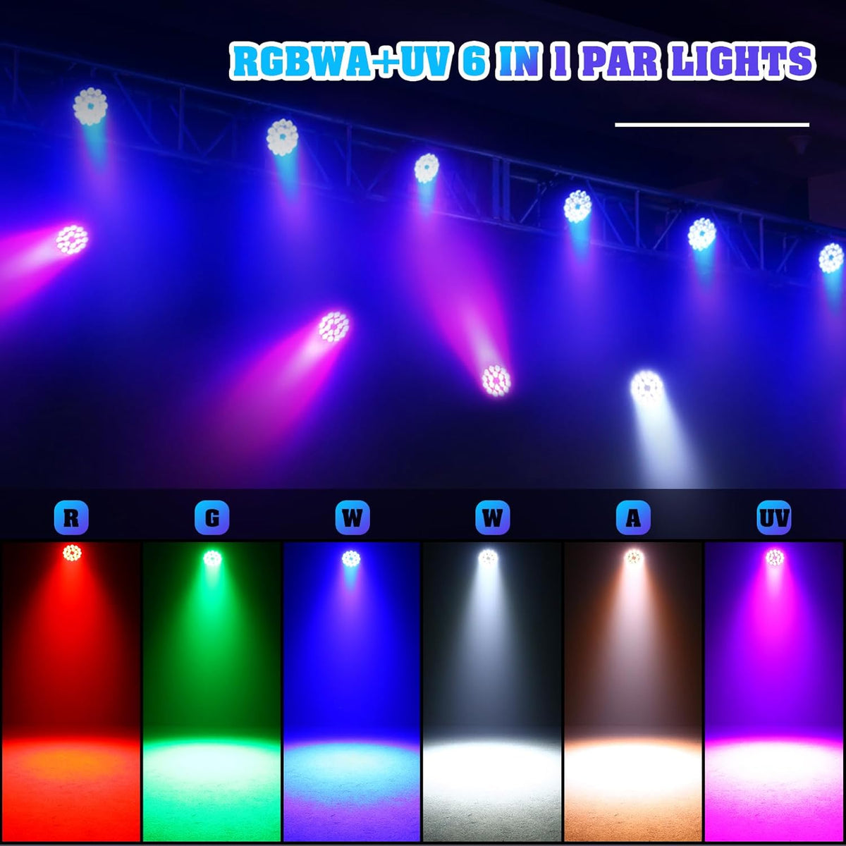 4 x RGBWA UV Par LED Spotlights, 200 W, 18 LEDs, Stage Lighting with D MX 7/10 CH and Strobe Lighting for Party, DJ, Bar, Club, Wedding, Show, Christmas, Halloween