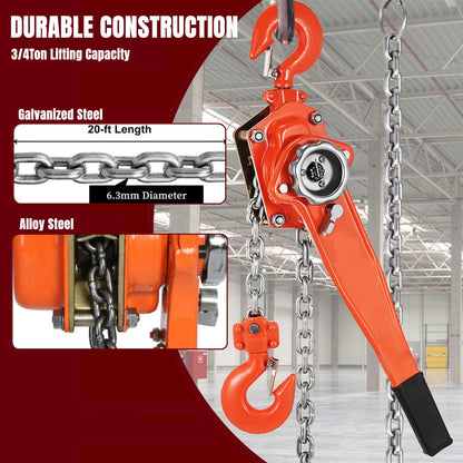 Nisorpa 3/4Ton Chian Hoist 6 M 1500lbs 20ft Kettingblok Hendel Hoist met Haak Handleiding Ratchet Ketting Blok Hoist Kom Langs Trekker Katrol voor Magazijn Transport Industriële