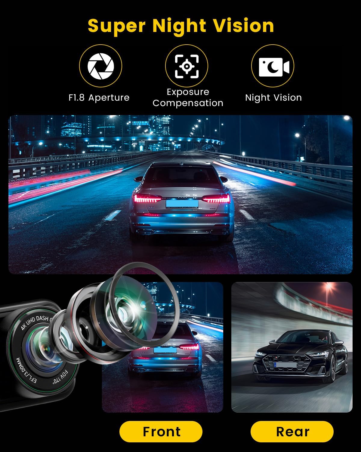 Hikity 4K Doppia Dashcam, 4K + 2K UHD telecamera per auto dashcam auto 3.16" Con Grandangolo di 150° G-sensor Visione Notturna ADAS/BSD Monitor di Parcheggio Registrazione in Loop 64G TF-kaart