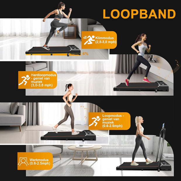 Loopband - Elektrische Loopband - Walking Pad - Inklapbaar - met Helling - Ruimtebesparend - 3.0 pk - Bluetooth-Audio - App - Afstandsbediening - LED-display - Instelbare Snelheid - 1-6 km/u - 12 x 49 x 120 cm - Zwart