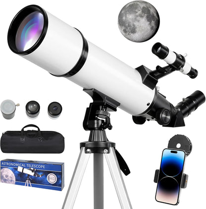 Telescopische astronomie 80 mm opening 60 mm brandpuntsafstand voor kinderen en volwassenen beginners met statief en mobiele telefoonhouder, draagbare refractortelescoop voor aard- en