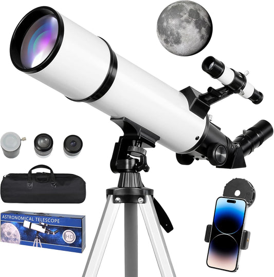 Telescopische astronomie 80 mm opening 60 mm brandpuntsafstand voor kinderen en volwassenen beginners met statief en mobiele telefoonhouder, draagbare refractortelescoop voor aard- en