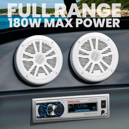 KIT SET MARINE VOOR BOSS AUDIO SYSTEMS MCK632WB.6 met MR632UAB AM/FM bluetooth stereo-ontvanger, een paar MR6W-luidsprekers, 90 watt rms 180 watt max, MRANT10 dipoolantenne, 1 kit + accessoires
