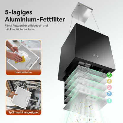 SNDOAS Afzuigkap, 40 cm, zwart, 800 m³/uur, A+, energie-efficiëntie, 3 snelheden, met boost-ledverlichting