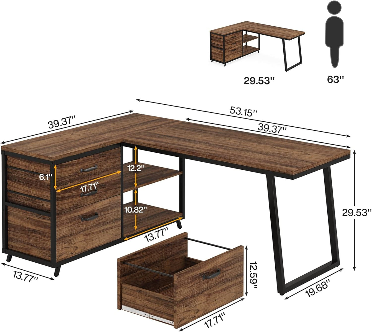Tribesigns L-Shaped Computer Desk with 3 Drawers, Reversible Corner, Shelves, 133cm Industrial PC Desk, Study Writing Table, Small Space Workstation, Rustic Brown