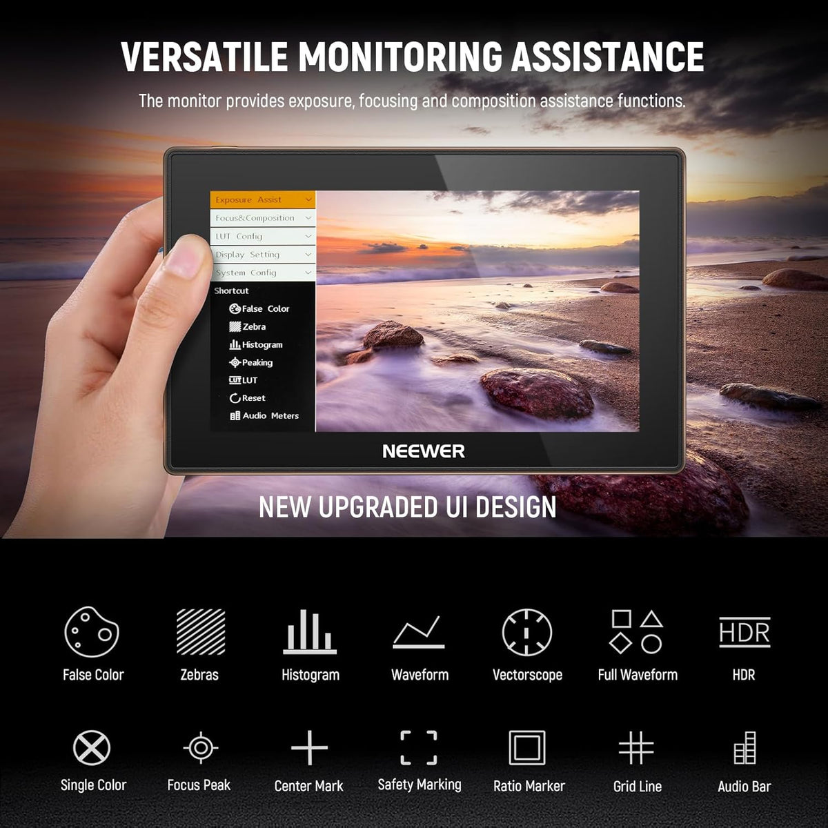 NEEWER 5,5 inch monitor camera, touchscreen IPS HD 1920x1080 1575nit, Loop in/out HDMI 4K met LUT 3D Peak Focus DSLR Video Assist HDR Waveform, batterij F750 5200mAh, DC7-24V/Type C 5V In, F500 PRO
