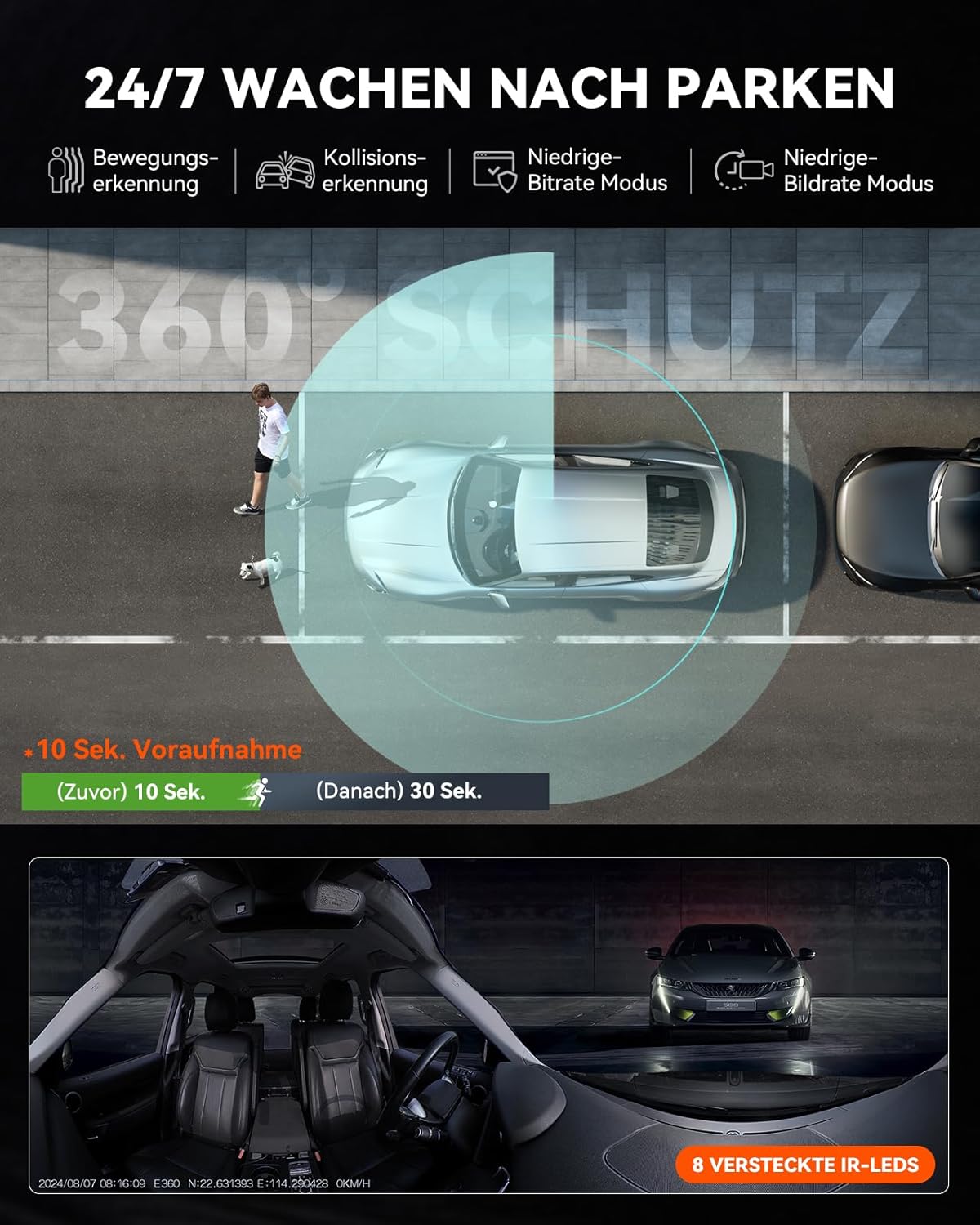 VANTRUE E360 tweekanaals 5.2K panoramische rijrecorder auto achter WiFi, dubbel STARVIS 2 HDR nachtzicht, GPS, bufferparkeermodus, maximaal 512 GB