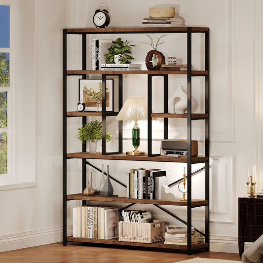 LVB Rustieke boekenkasten en boekenplanken, metalen hout 6-laags boekenplank en boekenrek opslag, industriële verticale weergave Etagere boekenkast 6 planken, vintage grote boekenplank voor slaapkamer