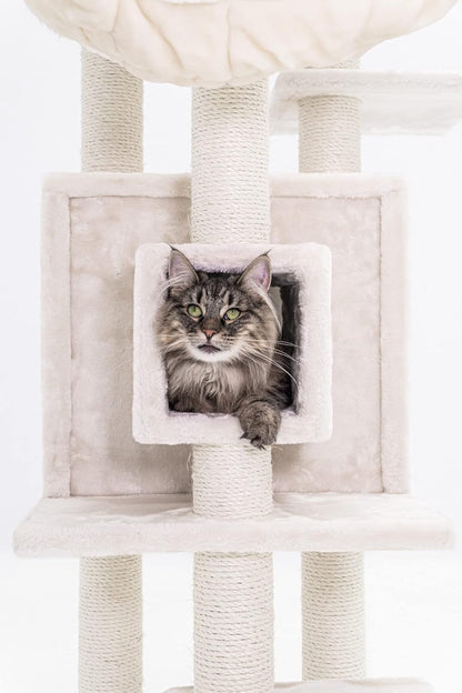 Krabpaal – Krabmeubel – Kattenboom – Kattenhuis – Kattenmand – 134 cm Hoog – Extra Dikke Sisalstammen 9 cm – Luxe Hangmat & Wasbaar Kussen – Crème