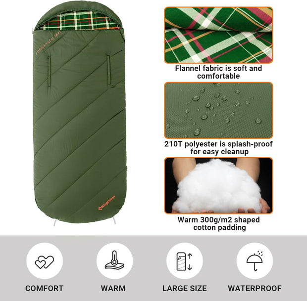 Kingcamp Flanellen slaapzak, 3-4 seizoenen, warme XXL slaapzak met ritssluiting voor armen, grote slaapzakken, outdoor, voor volwassenen op de camping