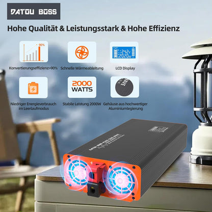 DATOUBOSS Omvormer 24v 230v Pure Sine 2000W Afstandsbediening Spanningsomvormer Pure Sine met 1 EU stopcontact USB & Type-c & LCD Display