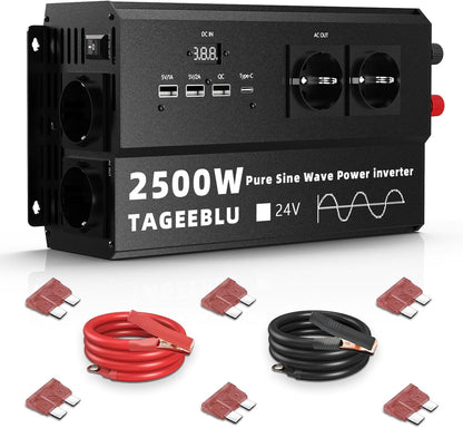 2000W zuivere sinus omvormer 24v 220v vrachtwagen, transformator 24v 220v met LCD-scherm, 4 EU-stopcontacten