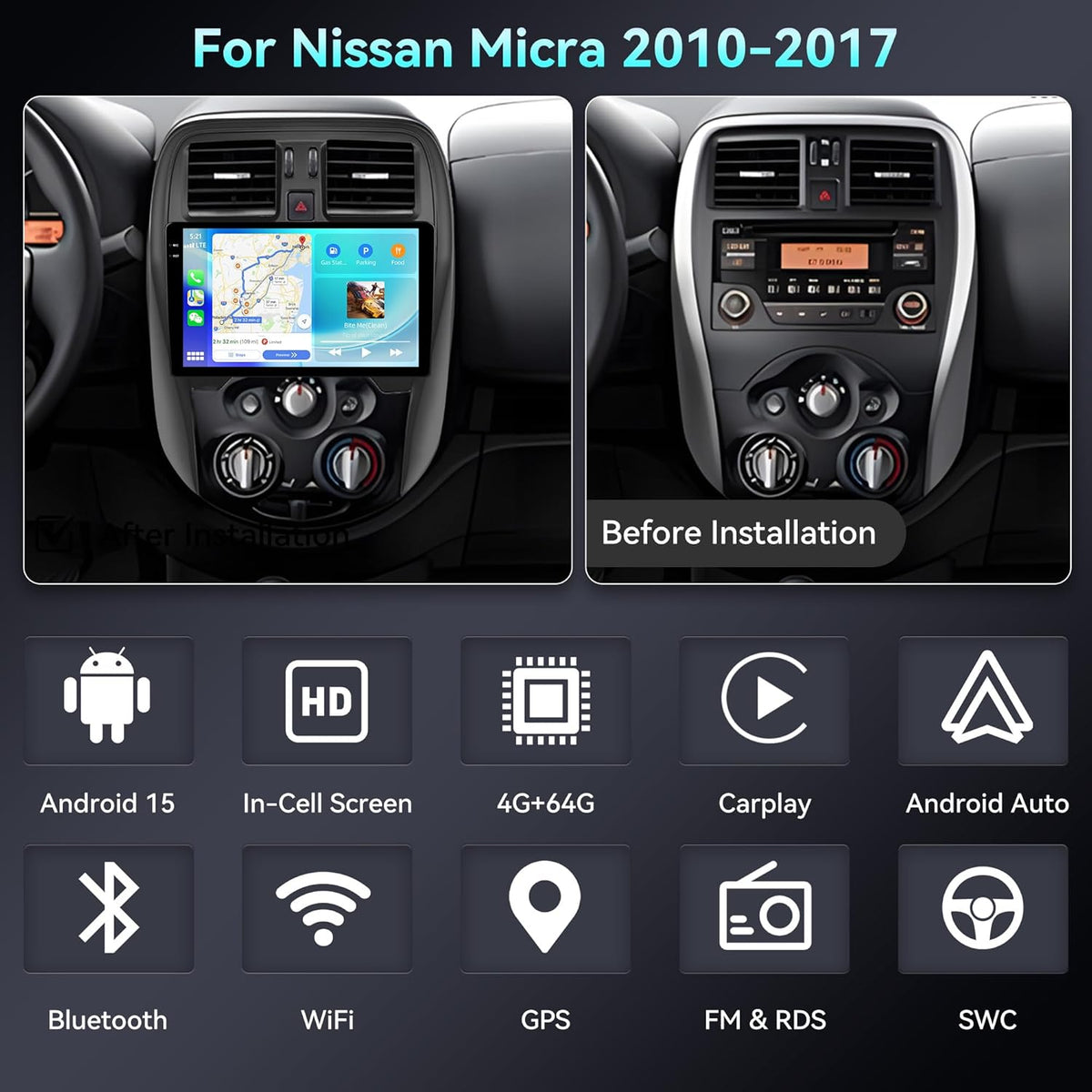 SIXWIN 4+64G Android 15 autoradio met voor Nissan Micra 2010-2017 CarPlay/Android Auto/Mirror Link, 9 inch HD touchscreen-scherm met wifi, GPS, Bluetooth, FM/RDS-radio, EQ + achteruitrijcamera