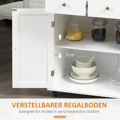HOMCOM Kitchen trolley with wheels, serving trolley with spice rack, kitchen aid, P2 MDF, rubber tree wood, white + natural, 89 x 45 x 89.5 cm - QUORE