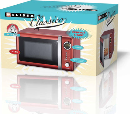 Melissa 16330109 Classico Magnetronoven, retrodesign, metalen behuizing, 20 liter ovenruimte, 700 watt magnetronvermogen, timer, 5 standen, rood metallic
