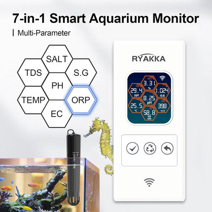 7-in-1 Smart aquarium watertester, pH, chloor, zoutgehalte, TDS, EC, ORP en temperatuurmeting voor aquaria met WLAN en Tuya-app voor real-time monitor en automatische meldingen