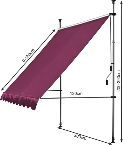 QUICK STAR klemluifel 300 x 130 cm Bordeaux balkonluifel zonwering terrasoverkapping in hoogte verstelbaar van 200-290 cm luifel balkon zonder boren